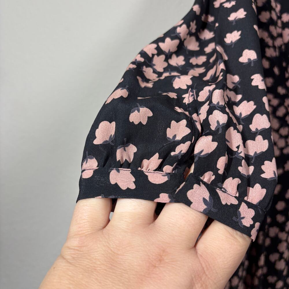 Rebecca Taylor 6 Swing Mini Dress Black Pink Floral Silk V Neck Long Sleeves - Picture 7 of 10